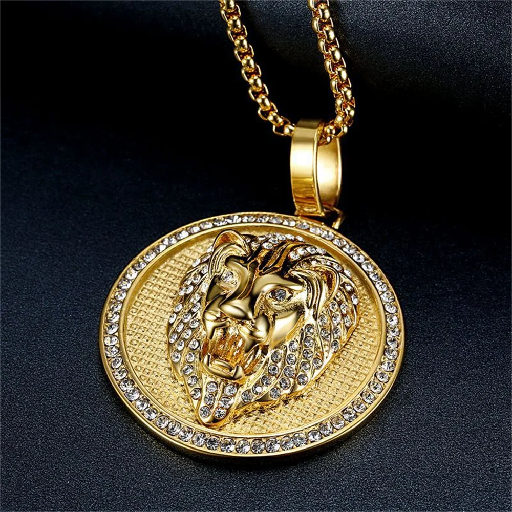 Punk Iced Out Bling Löwenkopf Anhänger Gold Farbe Edelstahl Tier Charme Runde Halskette Für Männer Schmuck Männliche Geschenk 2025