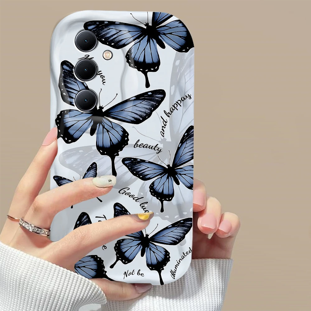 Cute blue retro butterfly 3D Wave Phone Case For Samsung Galaxy S24 S23 S21 S20 FE Plus Ultra 4G 5G Soft Silicone Back Cover image 2