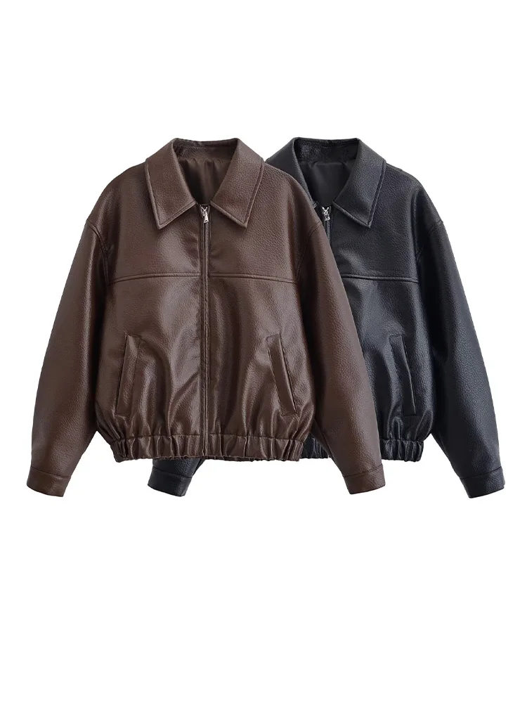 HH Woman Fashion Turn-down Collar Zipper Pockets Decoration Solid Short Coat Female Casual Fake Leather Long Sleeves Street Coat
