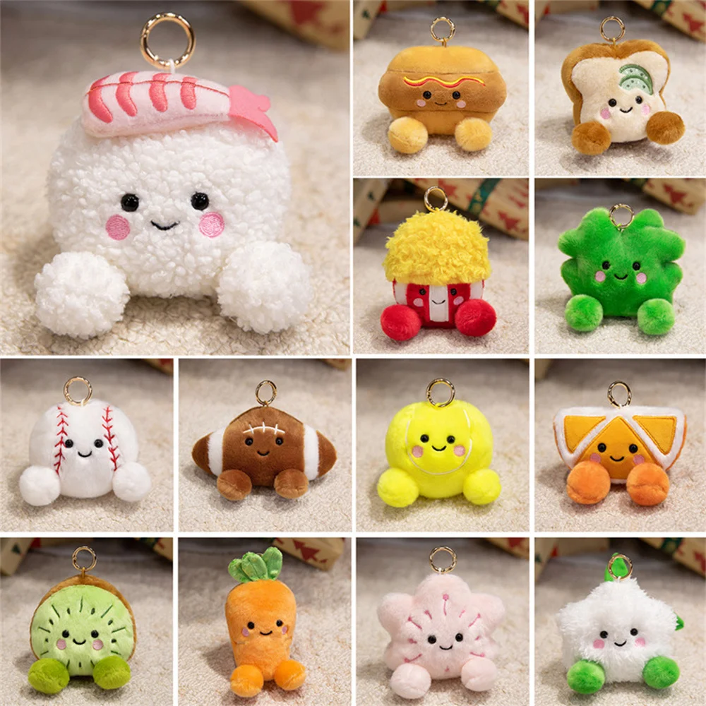

Smiling Sandbag Plush Four-Leaf Clover Bread Doll Rugby Tennis Sushi Popcorn Toy Pendant Fruit Kawaii Soft Gift For Children