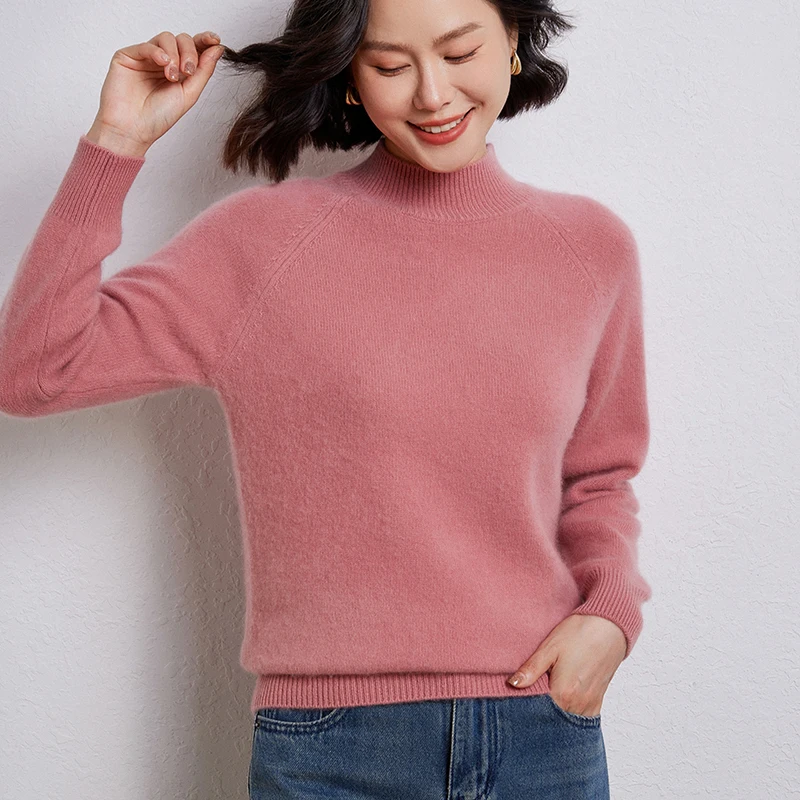 Maglione lavorato a maglia in lana merino al 100% Pullover larghi a collo semi-alto da donna Camicetta addensata a maniche lunghe alla moda Nuova camicia che tocca il fondo