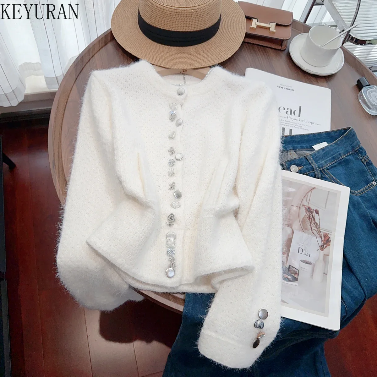 Luxury Diamonds Mohair Sweater Jacket Women\'s Tops Autumn Winter New Korean Style Gentle Temperament White Knitted Cardigan Coat