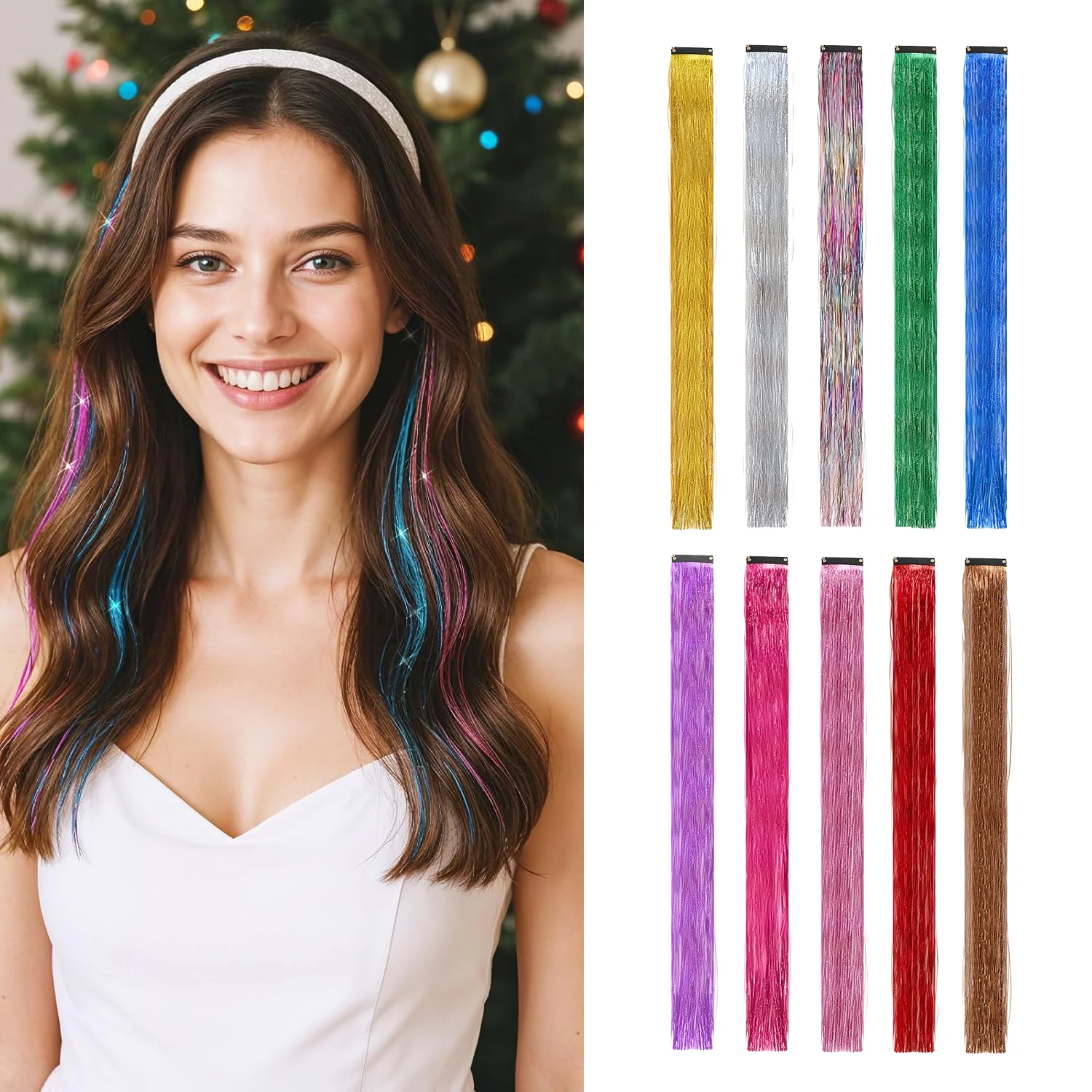 6pcs Hair Tinsel Clip in Rainbow Fairy Hair Tinsel Kit, 20Inch Glitter tinsel Hair Extensions Clip in Hair Tinsel for Christmas,