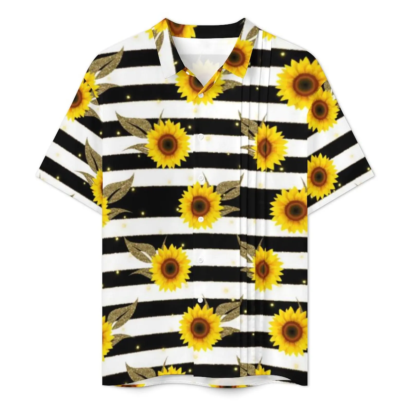 Sunflower Print Beach Shirt Man Black and White Stripes Novelty Casual Shirts Hawaiian Short-Sleeved Streetwear Oversize Blouses