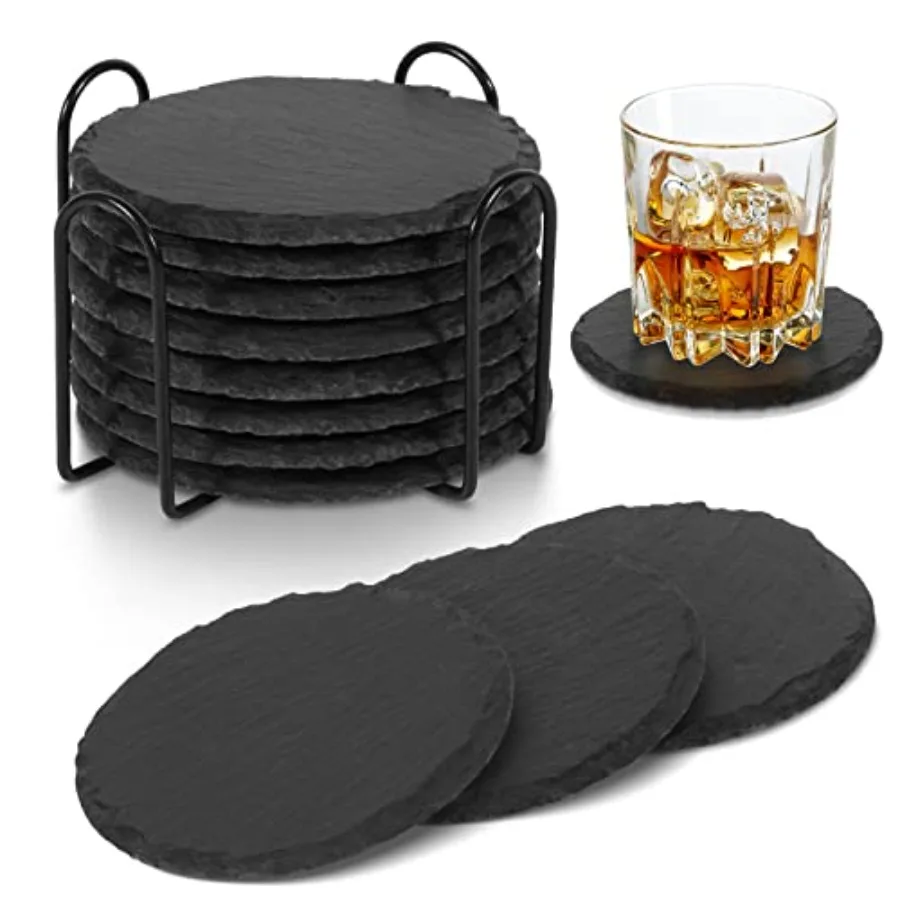 

Personalized Drink Coasters - Set of 12 - Slate Coasters Bulk for Engraving - Non-Slip Cup Coaster with Holder - Cool Black Sto