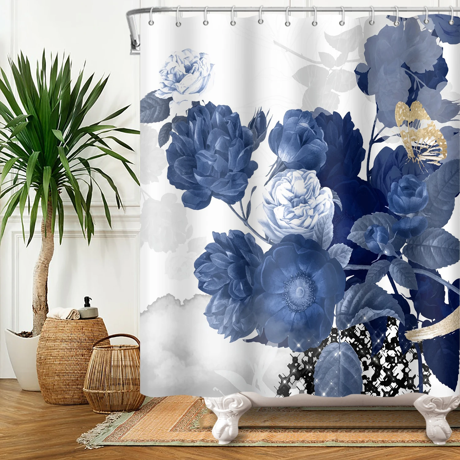 Boho Floral Luxurious Shower Curtain Waterproof Shower Curtains Polyester High-end Bath Curtain Textured Fabric Machine Washable
