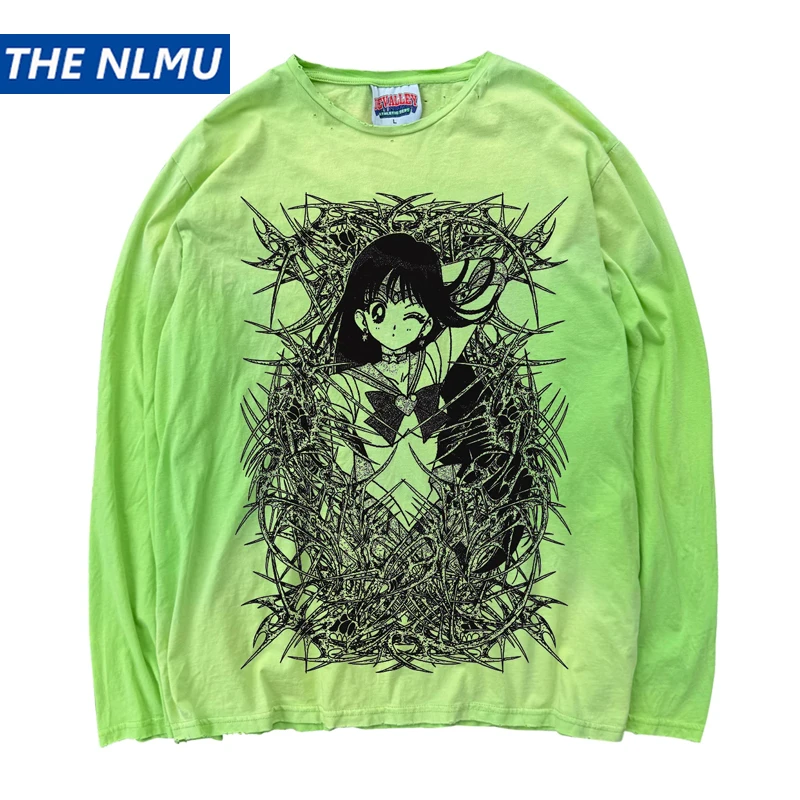 2026 New Vintage Unisex Long Sleeve T-Shirt Washed Distressed Ripped Punk Letter Print 100% Cotton Loose Tee Green Blue