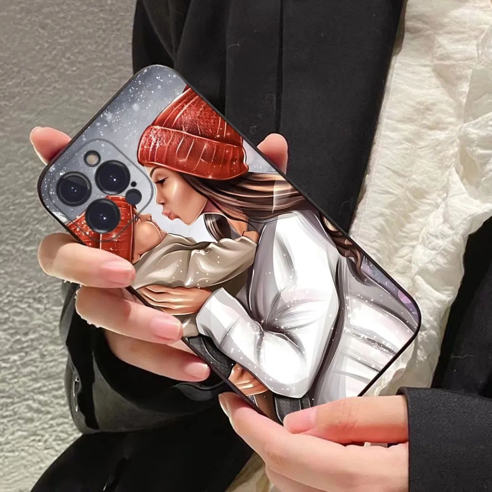 Black Brown Hair Baby Mom Girl Son Phone Case For iPhone 15 14 11 12 13 Mini Pro XS Cover 6 7 8 Plus X XR SE 2020 Funda Shell