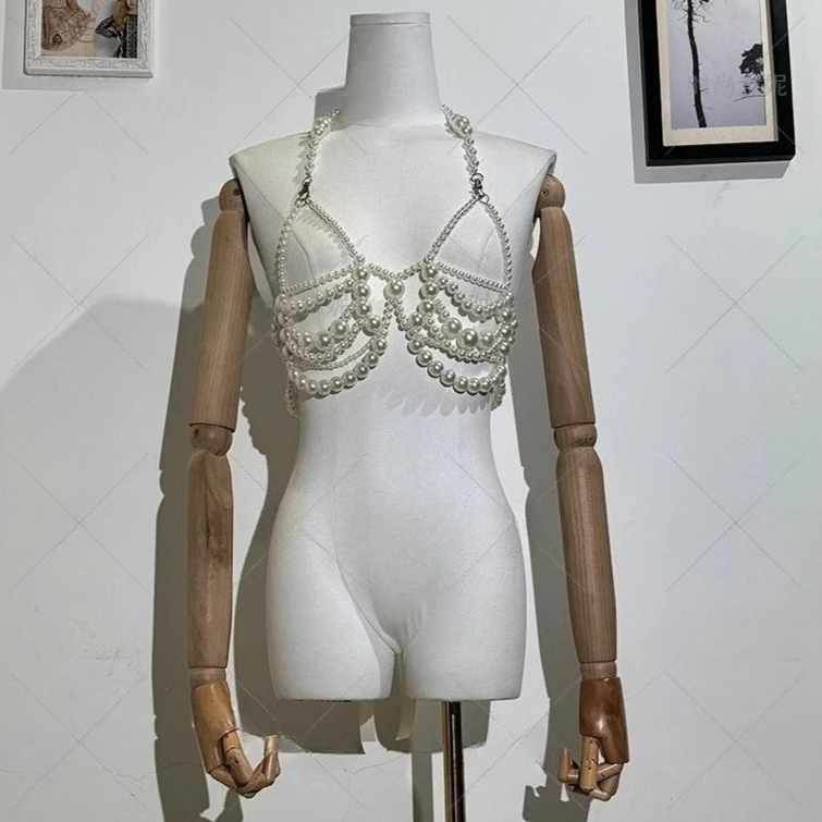 

New niche handmade white corset strap strapless versatile suspender, sexy pearl handmade sexy lingerie