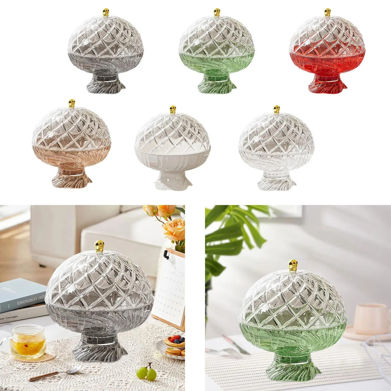 Plateau de service rond moderne en PET avec couvercle et drain, idéal pour fruits et organisation de comptoir de cuisine