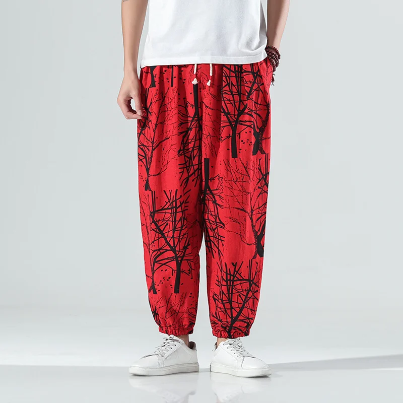 Summer Thin Loose Plus Size Linen Casual Harem Pants Chinese Style Branch Print Oversized Cropped Trousers Harajuku Bloomers Men