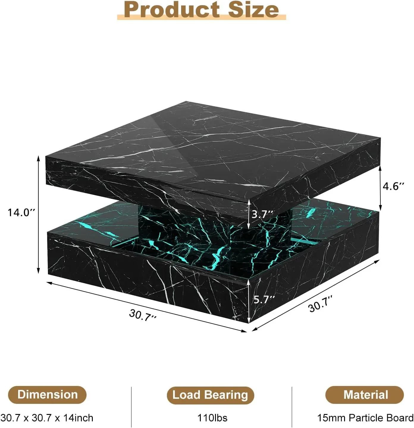 Black Marble LED Coffee Table for Living Room with 2 Tier Storage Modern Square Glossy Middle Table Wood 20 Colors Light