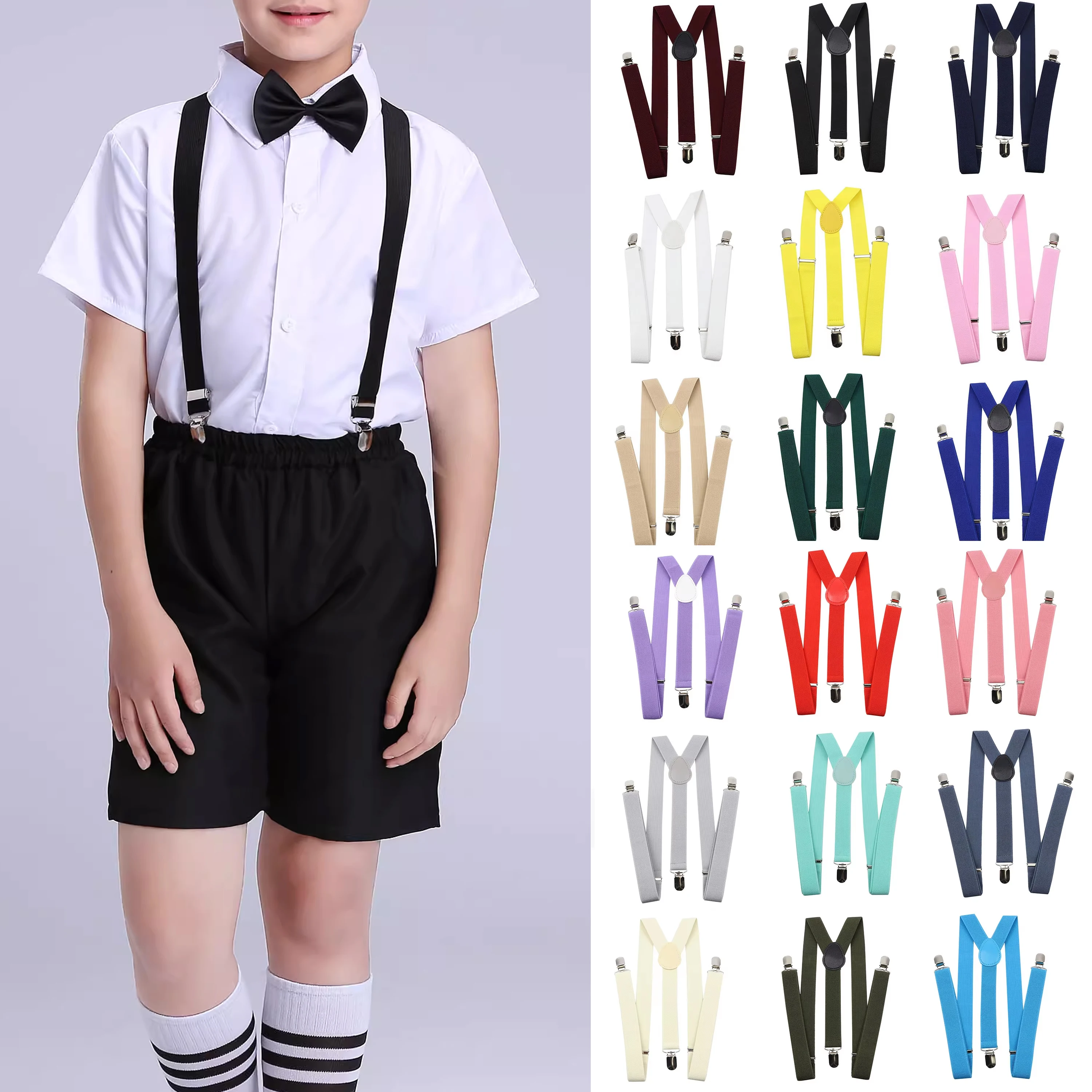 สายเอี๊ยมหนังยืดสีพื้น ลดราคา สำหรับเด็กชายและเด็กหญิง สีดำ แดง เขียวเซจ ปรับได้ ใช้กับกางเกง เสื้อ กระโปรง