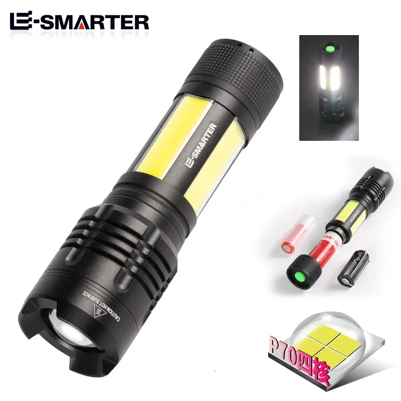 XHP70 High Light Flashlight USB Charging Telescopic with Steel Ring LED Outdoor COB Lighting