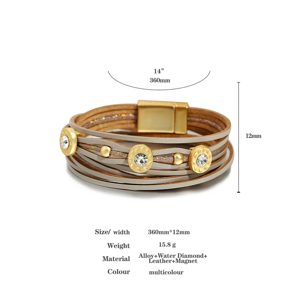 ALLYES Fashion Inlaid Rhinestone Metal Beads Leather Bracelet for Women Multilayer Slim Strips Wrap Bracelets Charm Jewelry