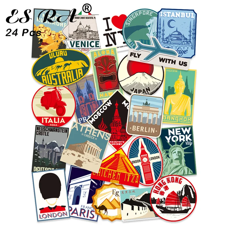 24 Pcs/Set Stickers for Luggage Retro Travel Decals Cities Pegatinas  Waterproof Vinyl for Laptop Car Skateboard Fridge