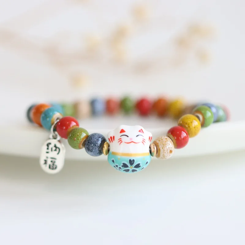 Cute Lucky Cat Bracelet For Girls Adjustable Colorful Beaded Bracelets Ceramics Cat Pendant Charm Bracelets Jewelry Wholesale