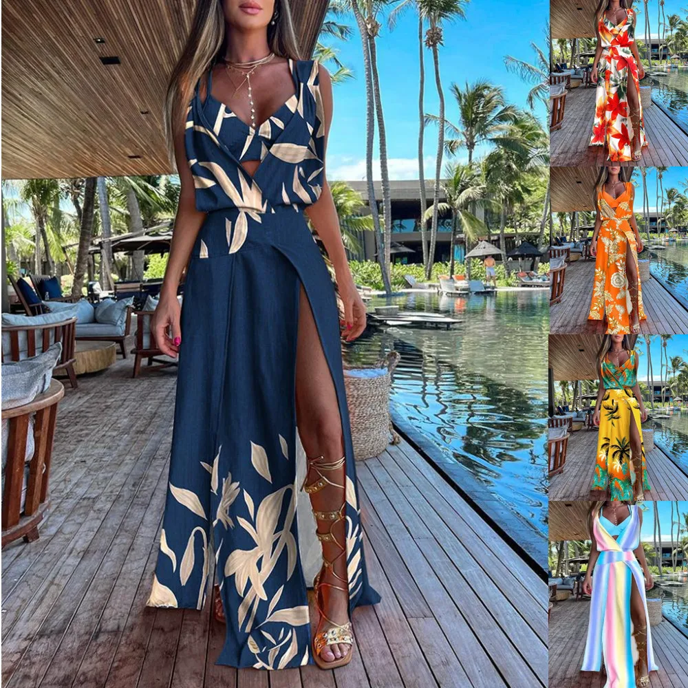 Vestido feminino sem mangas com decote em v estampado com bainha dividida, saia longa estilo sling praia, vestido casual de férias, mais recente, Primavera, Verão, 2022