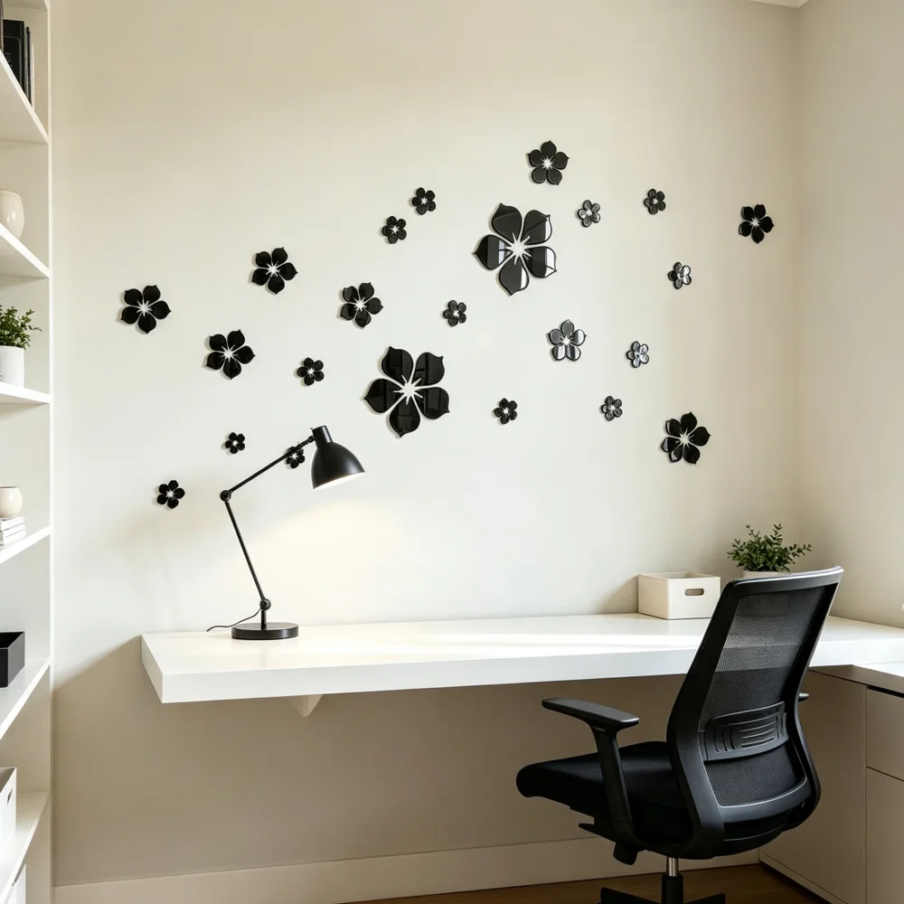 DIY Black Mirror 3D Flower Wall Stickers, Acrylic Splicable Crystal Petal Wall Art, Self‑Adhesive Decorative Floral Wall Decals for Indoor Home Ornament, Total 18Pcs
