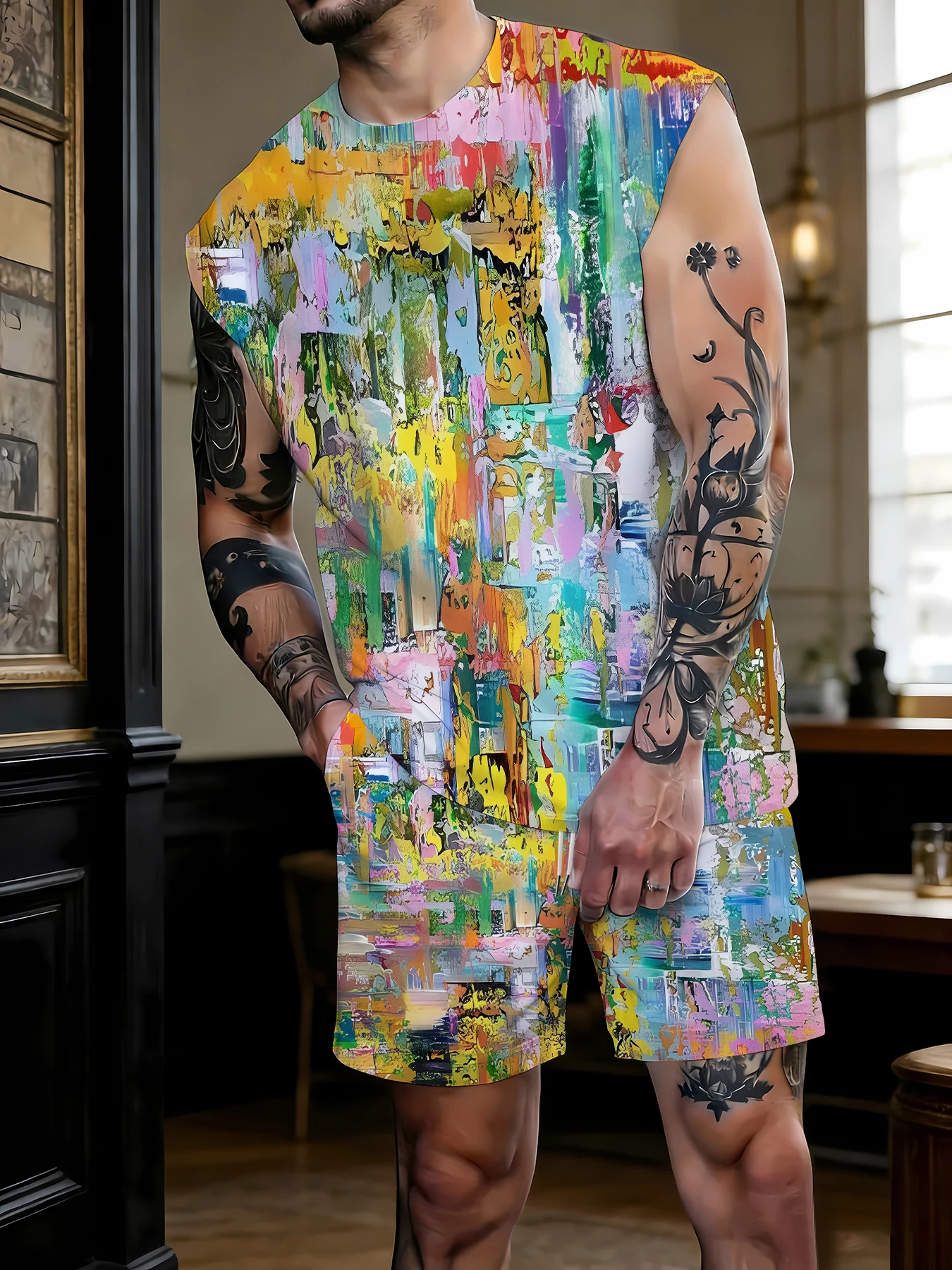 

Men's V-Neck Tank Top and Shorts Set Lightweight Polyester Homewear Vacation Outfit Standard Fit