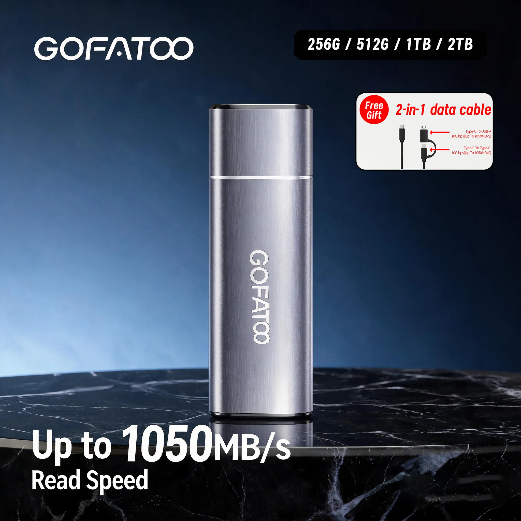 GOFATOO Portable External SSD 1050MB/s USB3.2 Gen2 Type-C Plug and Play PSSD 256GB-2TB for PC Mac Laptop PS5