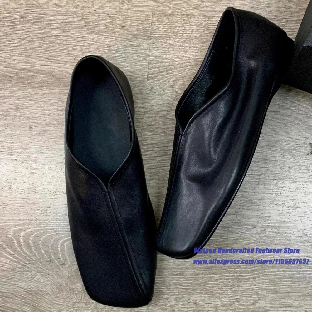 V-Cut Square Toe Slip On Loafers Soft Leather Black Flat Casual Dress Shoes ﻿Low Flat Sole Vintage Handcrafted Men's Shoes