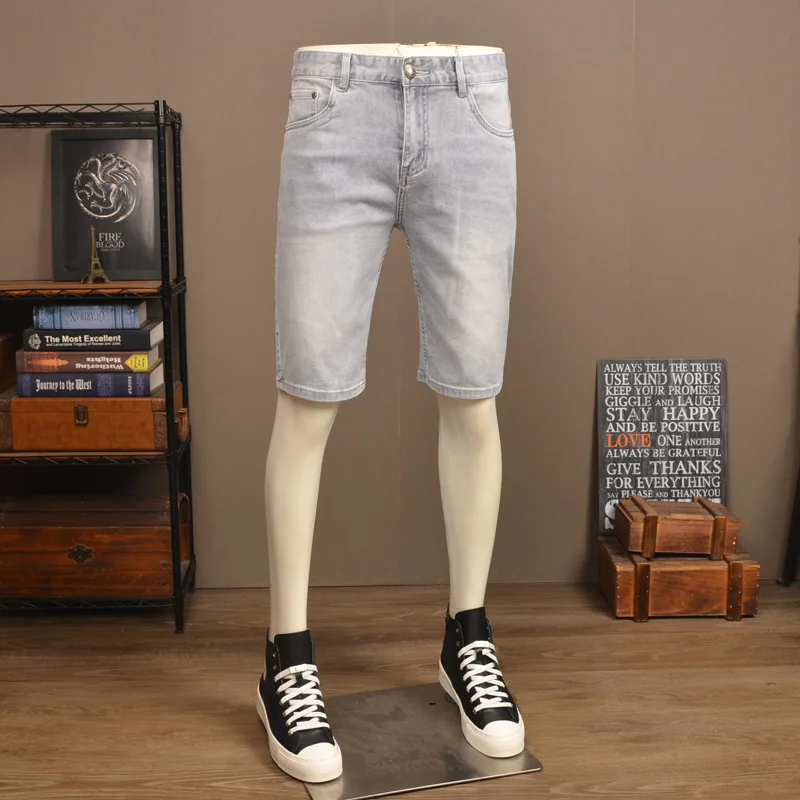 Summer grey denim shorts men's summer thin stretch slim fit high-end washed fashionable casual five quarter pants
