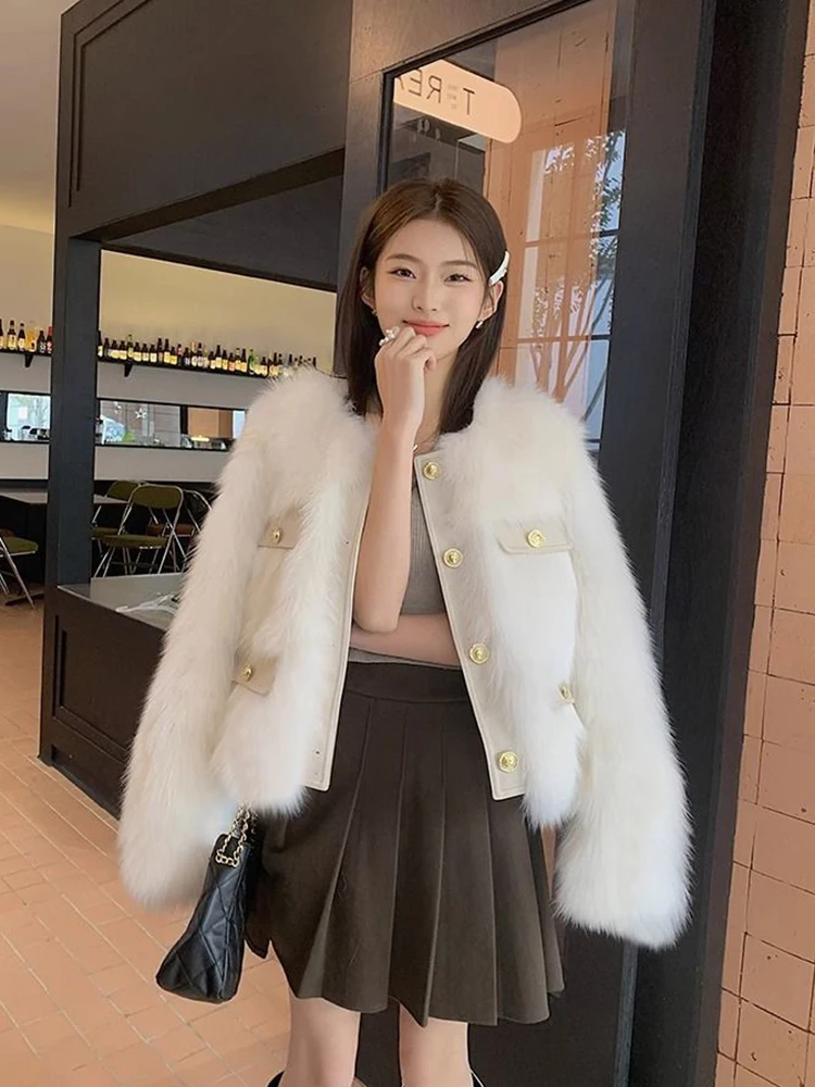 Zoki Elegant Faux Fox Chic Coat Women Korean Fashion Long Sleeve Casual Jacket Sweet All Match Female Design Sweet Winter Tops