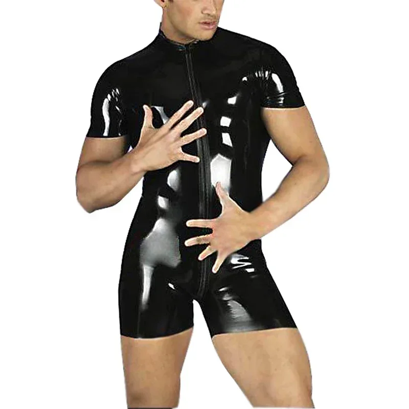 

Wet Look Latex Catsuit Faux Leather Jumpsuits Black Stretch PVC Bodysuits Sexy Clubwear Men Open Crotch Lingerie