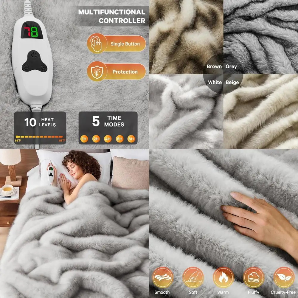 

Электрическое одеяло из искусственного меха двойного размера 60x80 с 10 настройками нагрева и автоматическим отключением в течение 8 часов, плюшевое и уютное для зимы