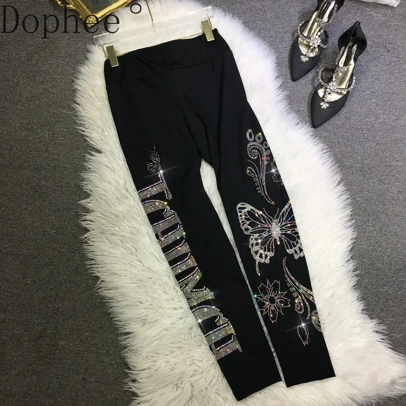 Leggings magros estampados em borboleta para mulheres, preto, apertado Yoga Pants, tornozelo-comprimento, alta qualidade, All-Match, perfuração quente, outono, inverno, novo