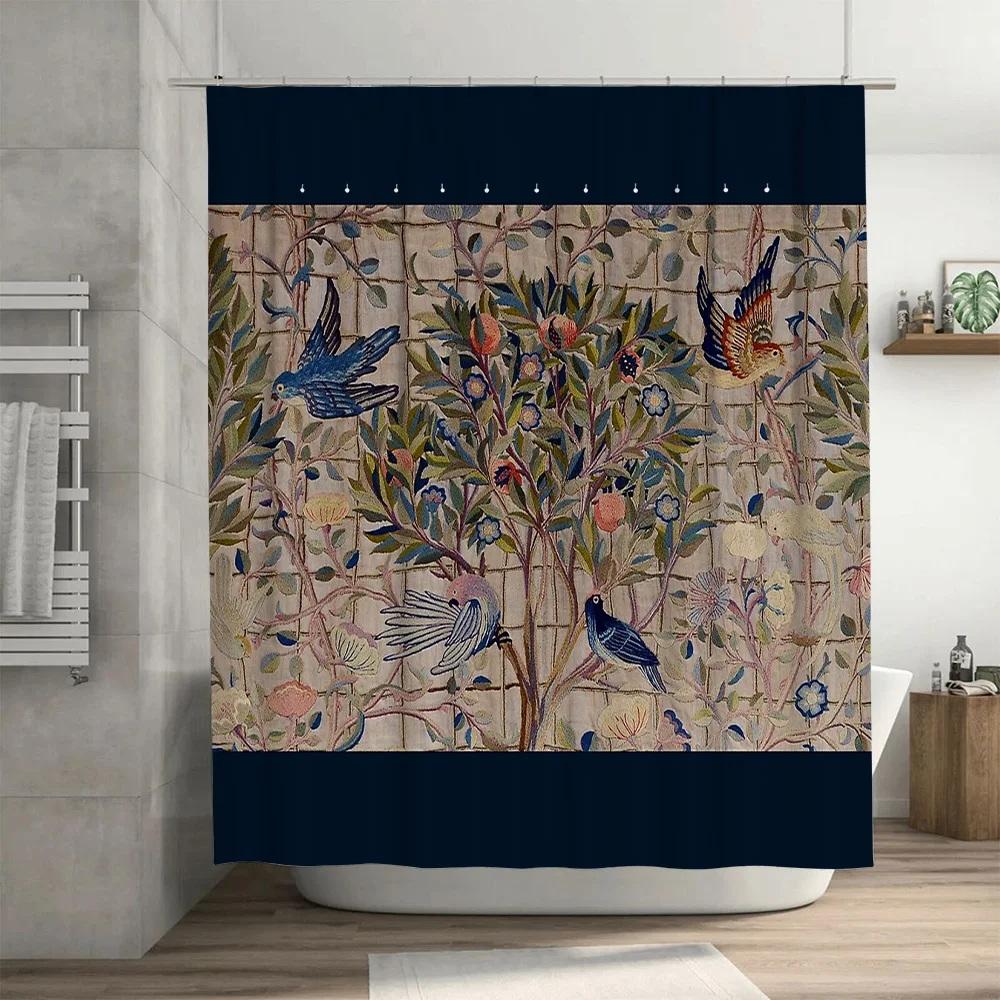 ستارة دش نباتية عتيقة نمط طيور الغابات قابل للغسل ديكور الحمام المنزل ريفي مزرعة طبيعة تحت عنوان خلفية #3