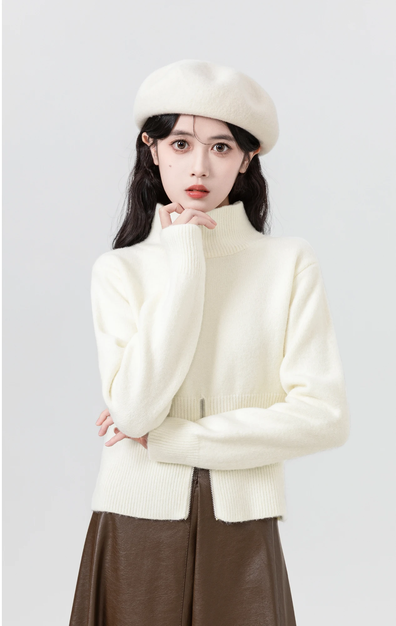 Short White High Collar Sweater For Women Spring Autumn New Style Gentle Wind Zipper Fork Design Soft Knitted Sweater Small Top