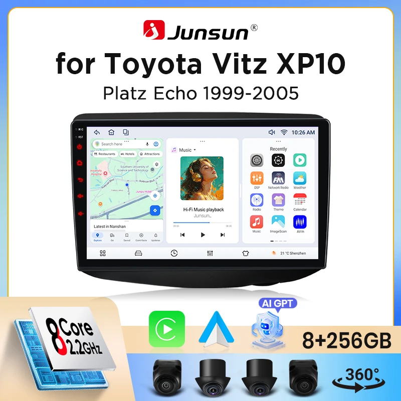 Image of Junsun kabelloses CarPlay Android Auto Autoradio für Toyota Yaris Mk1 (XP10) 1999-2005 mit eingebautem Lüfter, Android GPS-Navigation, Multimedia-Player, WiFi, DSP, RDS, BT, SWC, IPS-Touchscreen,