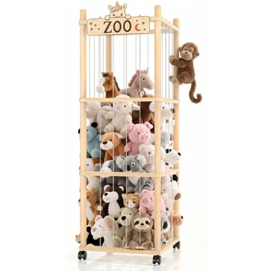 

Stuffed Animal Storage Zoo Tower56In Wooden Large Stuffed Animal Holder Organizer with Wheels Stuffy Plushies Storage with Elas