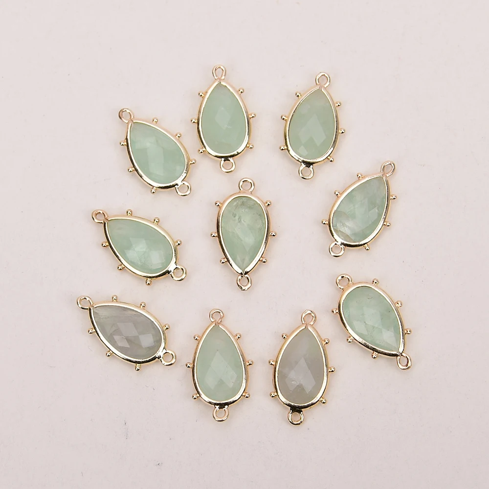 APDGG Wholesale 10 Pcs Faceted Green Quartz Gold Plated Edge Pear shaped Connector Trim Double Rings Jewelry Finding DIY