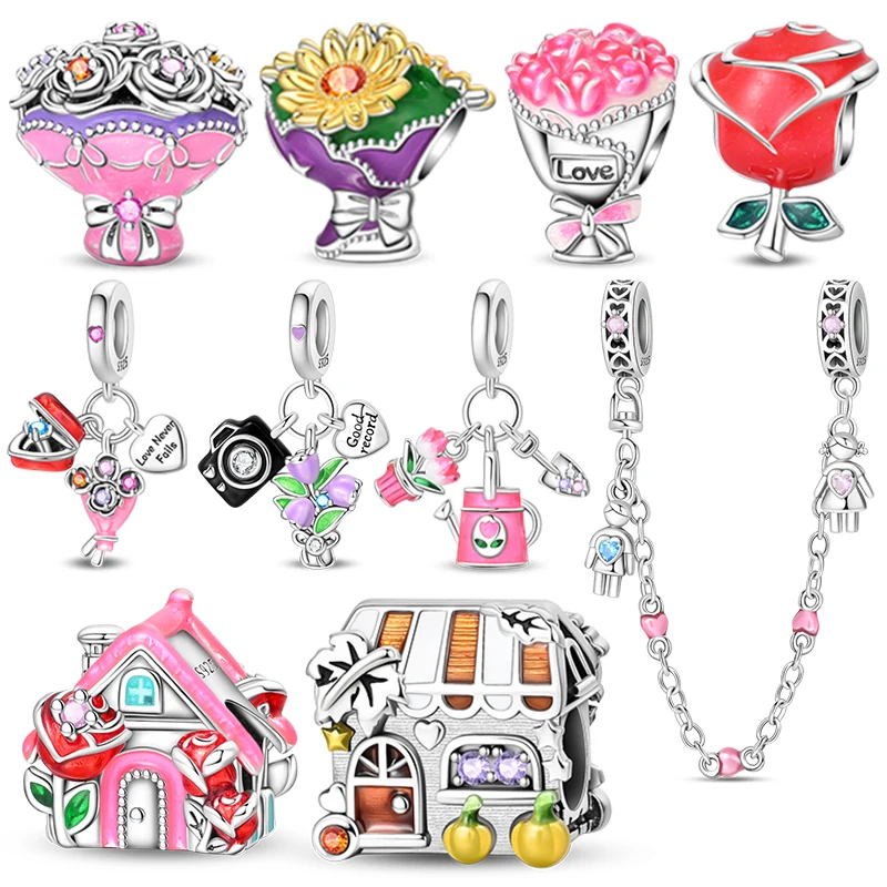 

Hot Sale 925 Sterling Silver Rose Bouquet Beads Pendant Charms Jewellery Fit Original 925 Bracelet Necklace for Women DIY Gift