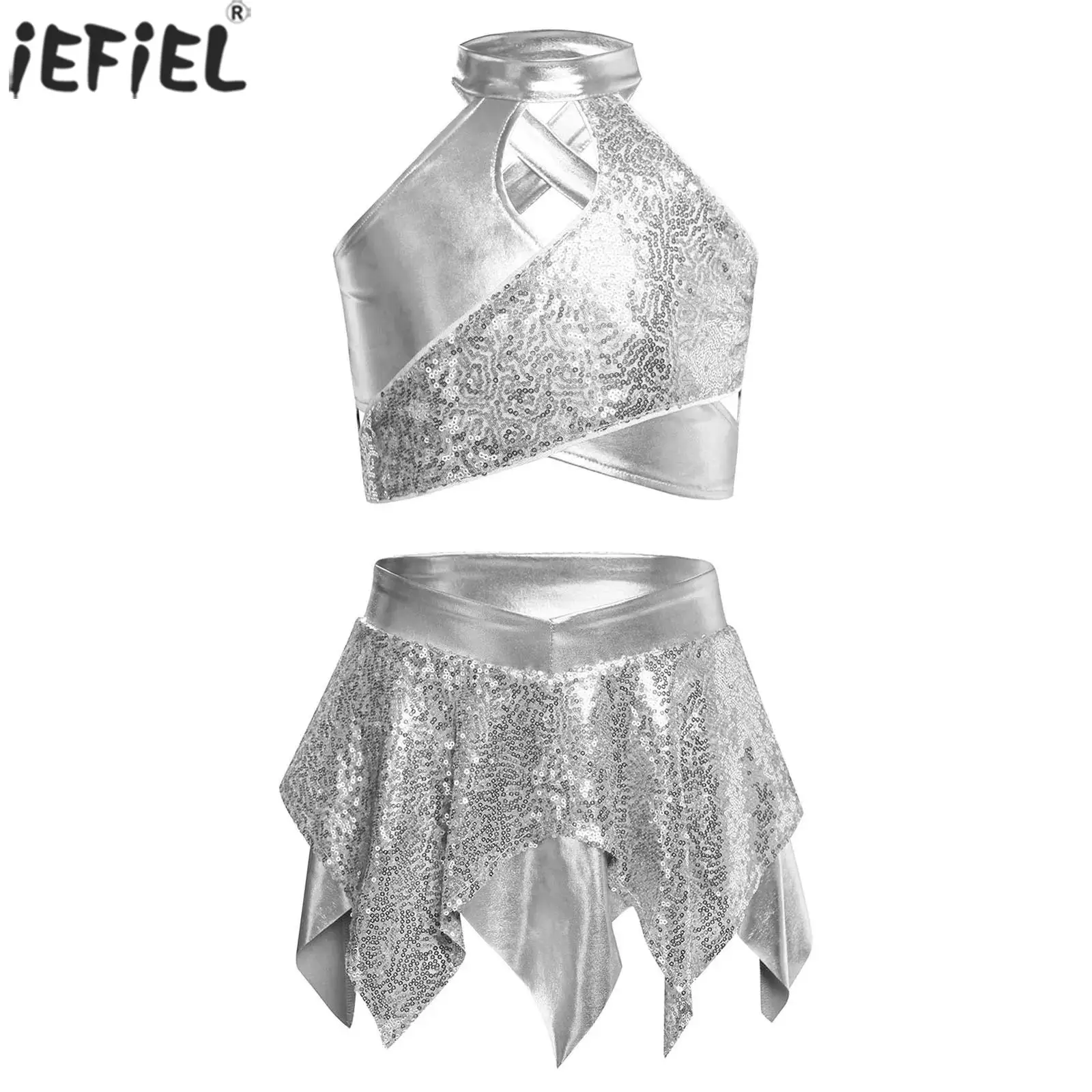 أطفال بنات لامع رقص الجاز الزي الشارع الهيب هوب التشجيع أداء زي سباركلي الترتر المحاصيل مع تنورة صغيرة