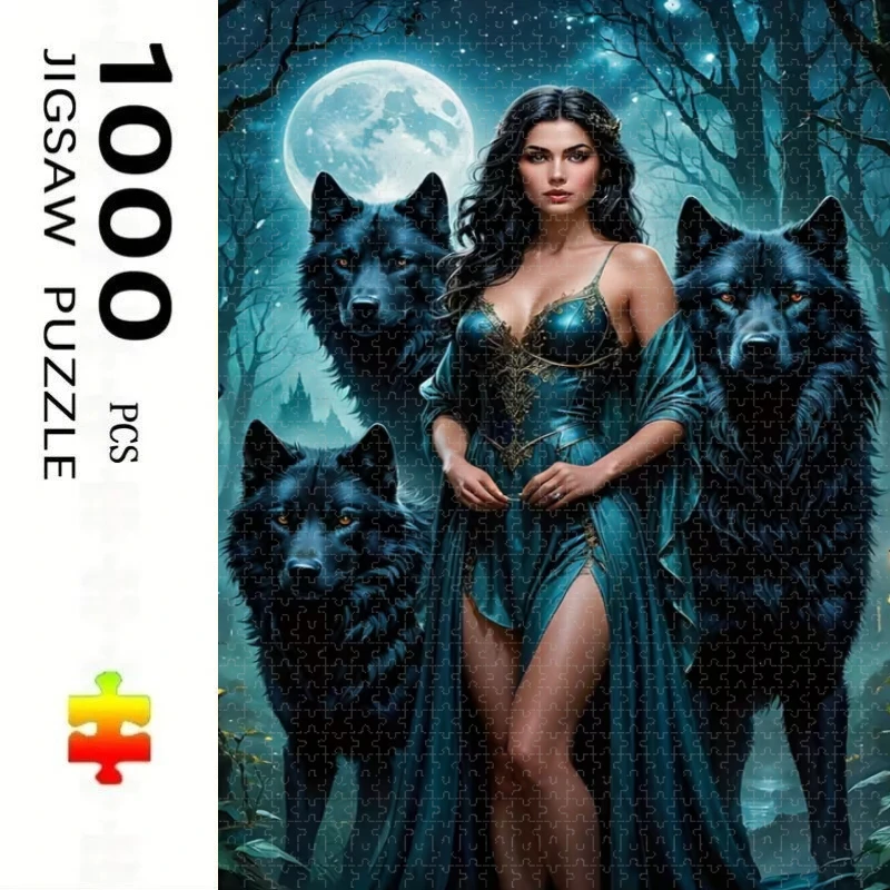 500/1000pcs for Adults Jigsaw Puzzle  Wolf Woman Challenging Large-Scale Brain Teaser with Complex Patterns, Portable Box