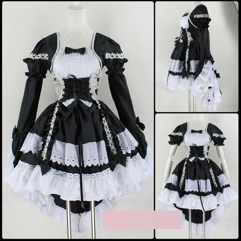 2022 Black \ White Princess cosplay dress lovely maid dress cartoon lolita dress swallow low tail skirt