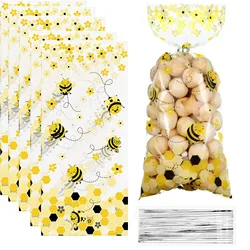 50pcs Bee Plastic Candy Bags Honey Cellophane Cookie Bags With Twist Ties For Baby Shower Bee Theme Birthday Party Decorations