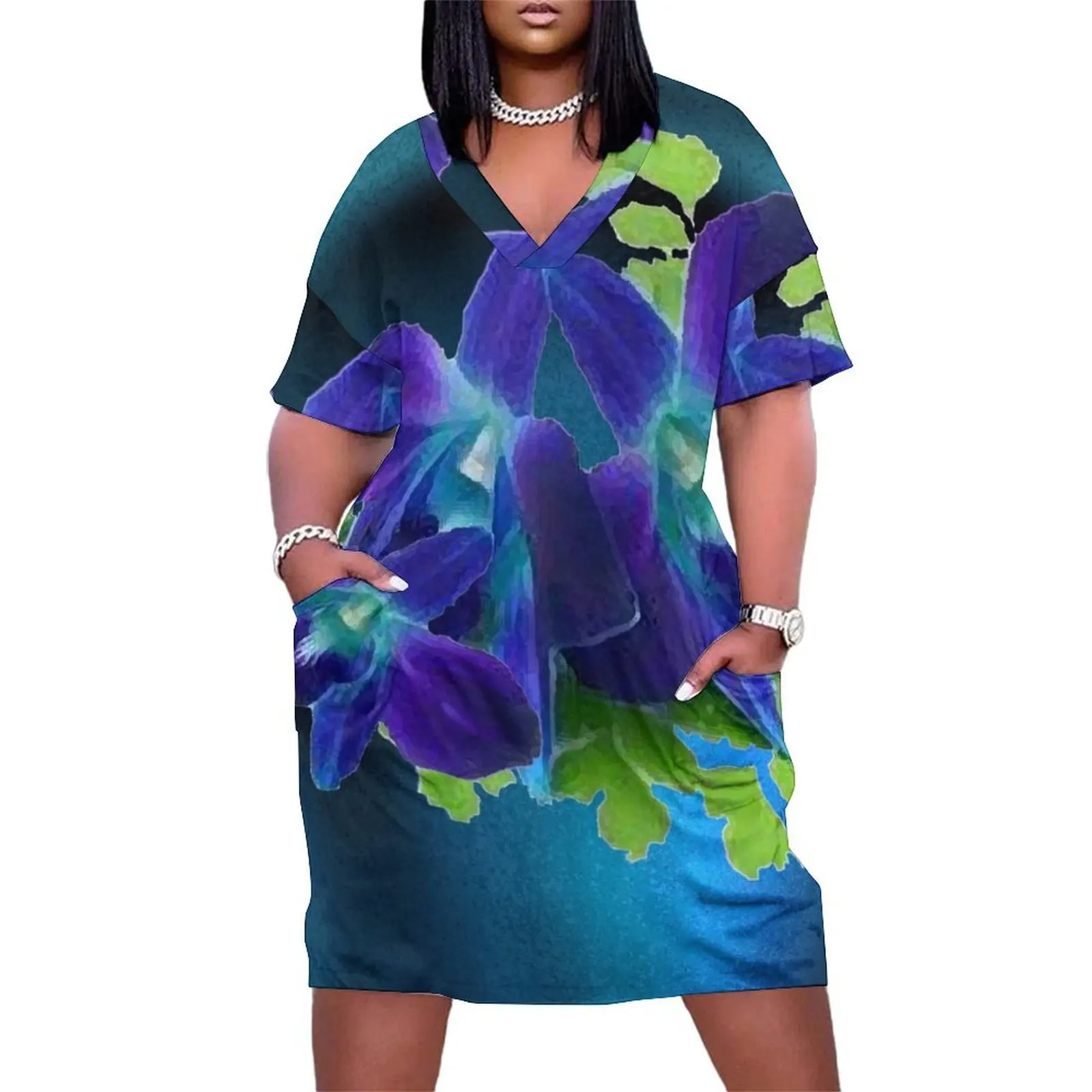 

Hawaiian Blue Orchid and Fern Loose Pocket Dress Women"s clothing Summer skirt luxury dress womens dress