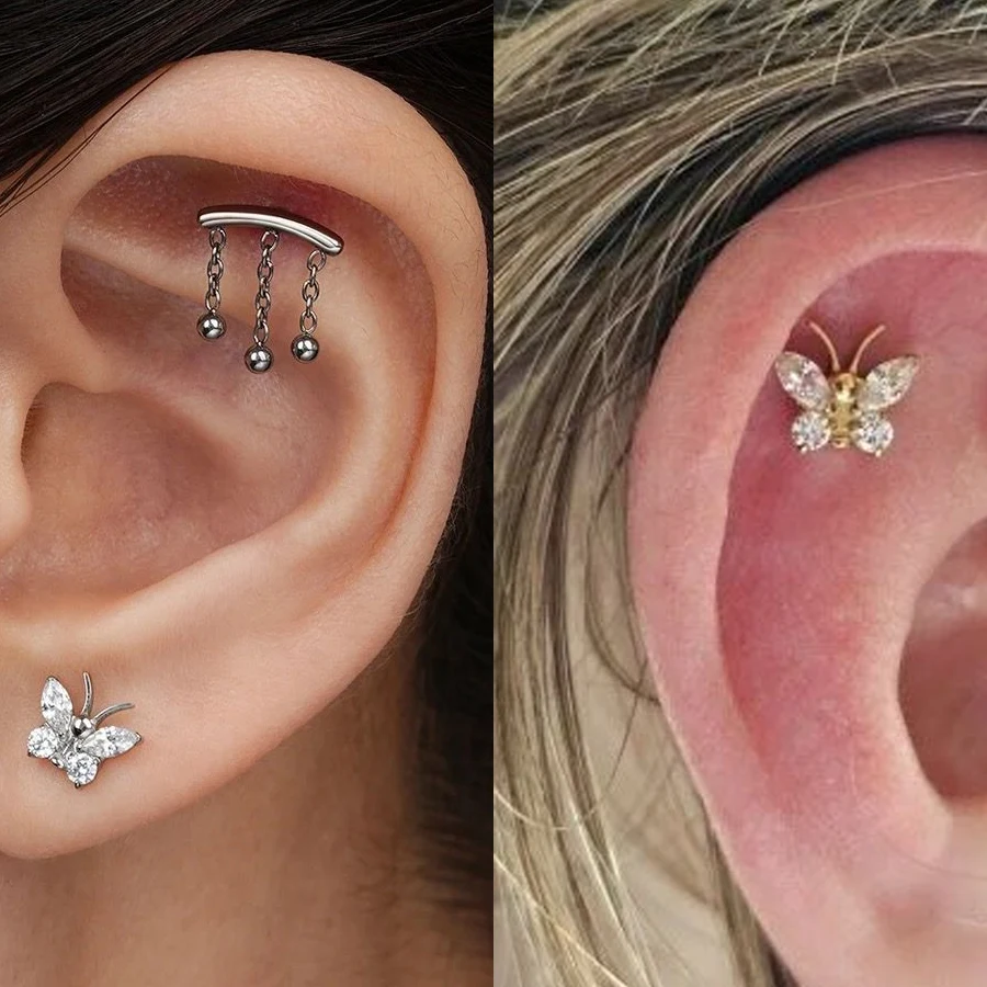 1Pc G23 Titanium Tragus Earring Ear Stud Piercing 16G 5A Zircon Butterfly Cartilage Hel Conch Tragus Flat Back Ear Piercing Stud image 5