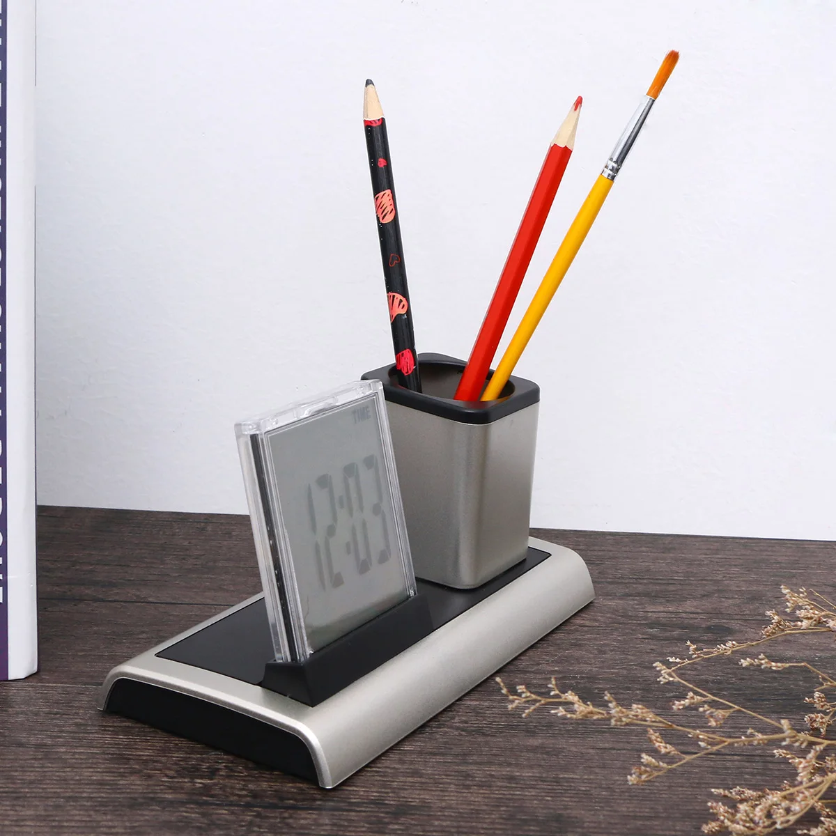 

Clock Pen Holder School Office Supplies Calendar Thermometer Alarm Multifunction