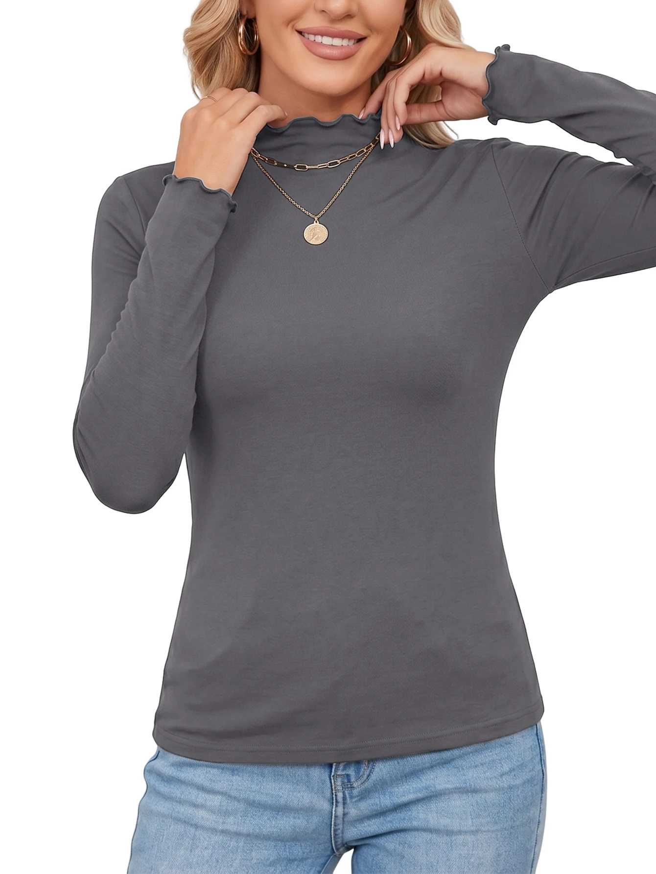 2-piece casual crew-neck fitted solid-color black and white long-sleeved T-shirt, suitable for all seasons in spring and summer view 6
