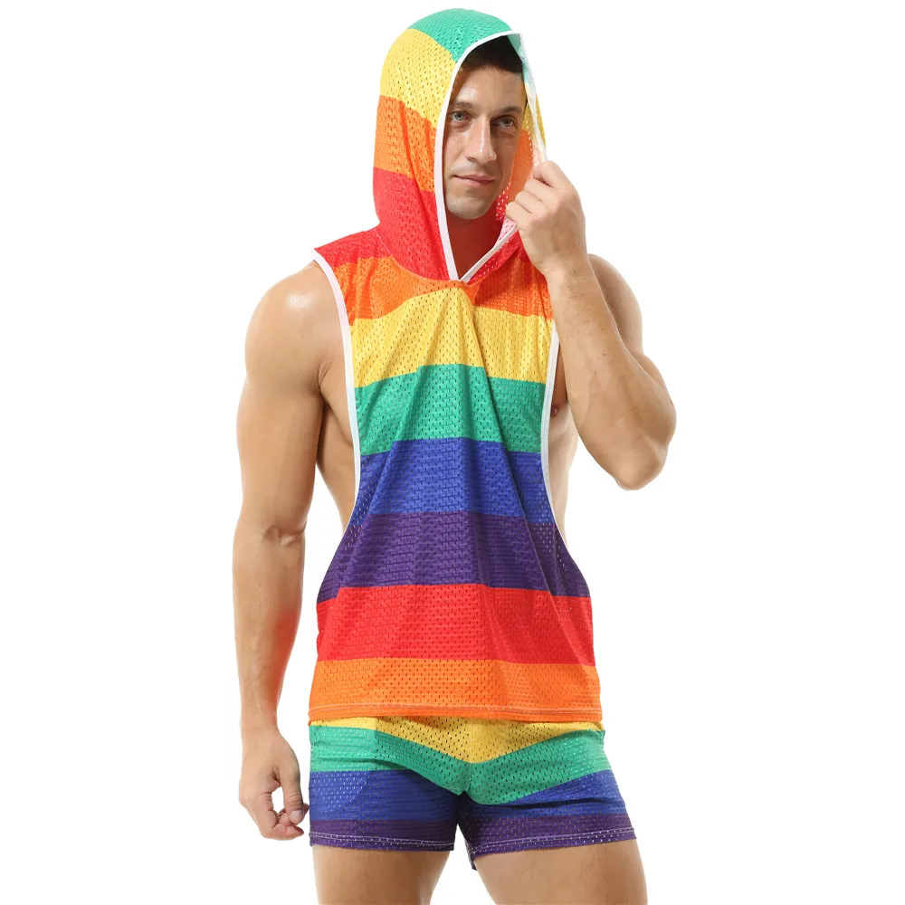 

Rainbow Mens Undershirts Hooded Tank Tops Mesh Breathable Fitness Casual Vests Loose Shorts Sportwear Homewear Men Clothes Set