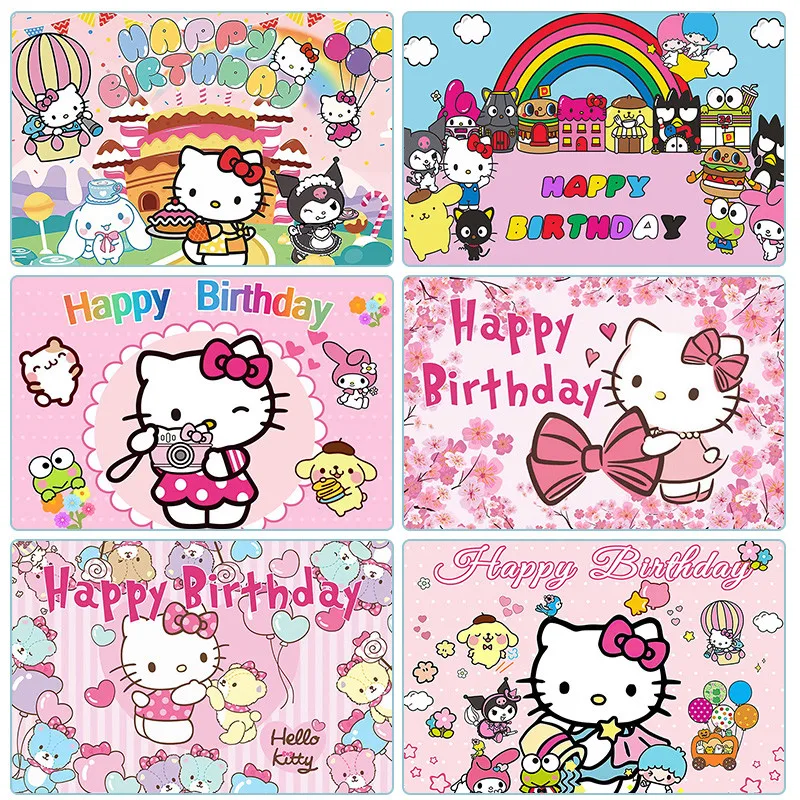 Sanrio fondo de fiesta de Hello Kitty, decoración de pared, Feliz Cumpleaños de niña, adecuado para accesorios de fotografía, bautismo de bebé