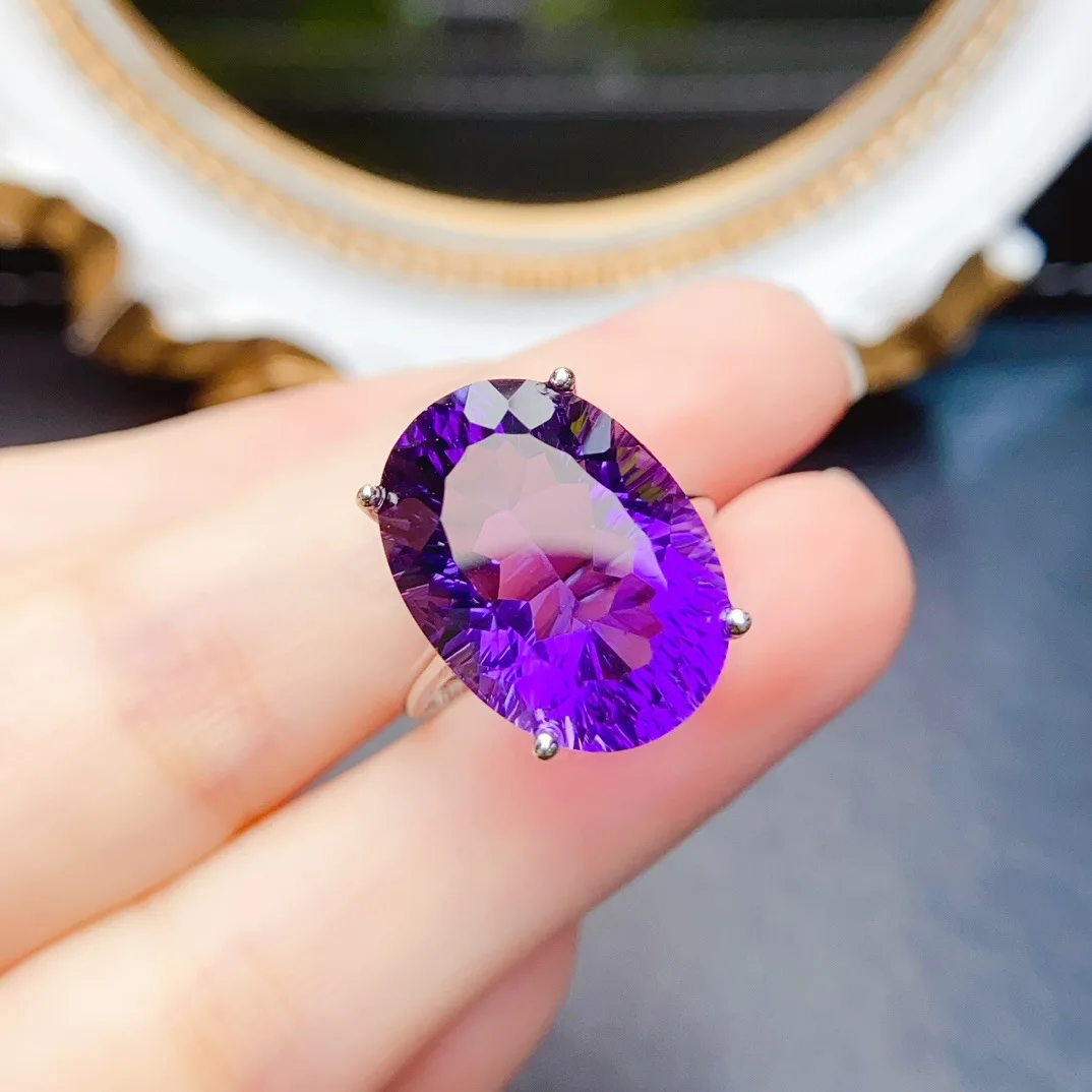 Natural Oval Amethyst Ring S925 Sterling Silver Setting Main Stone 13*18mm Big Purple Crystal Statement Ring