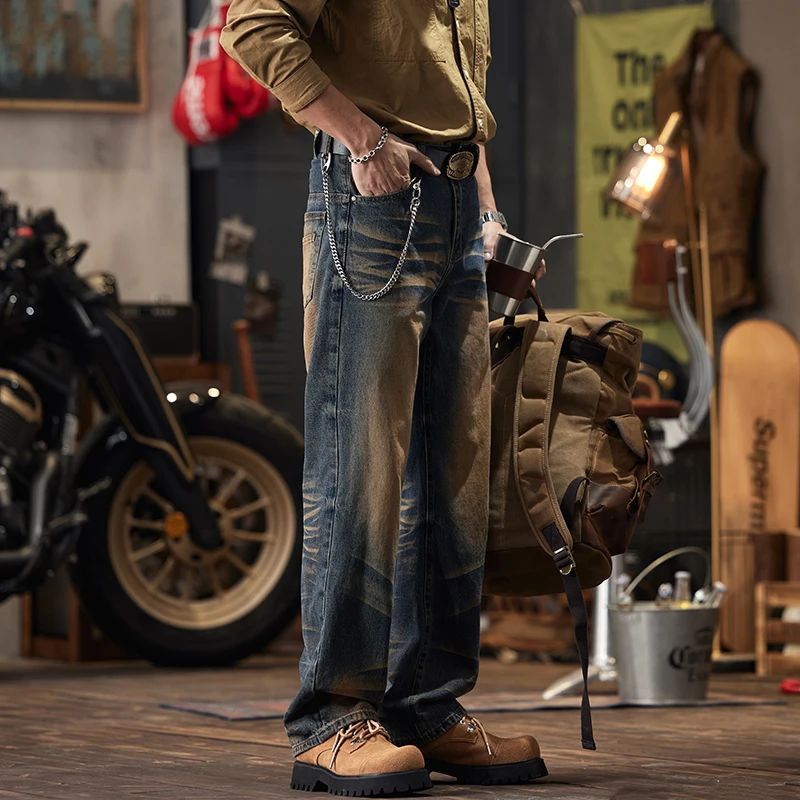 Pantalon de cowboy rétro fait l'ancien pour hommes, adt Straight Street Tide, marque PU, beau drapé naturel, vadrouille décontractée, à la mode, fjsome