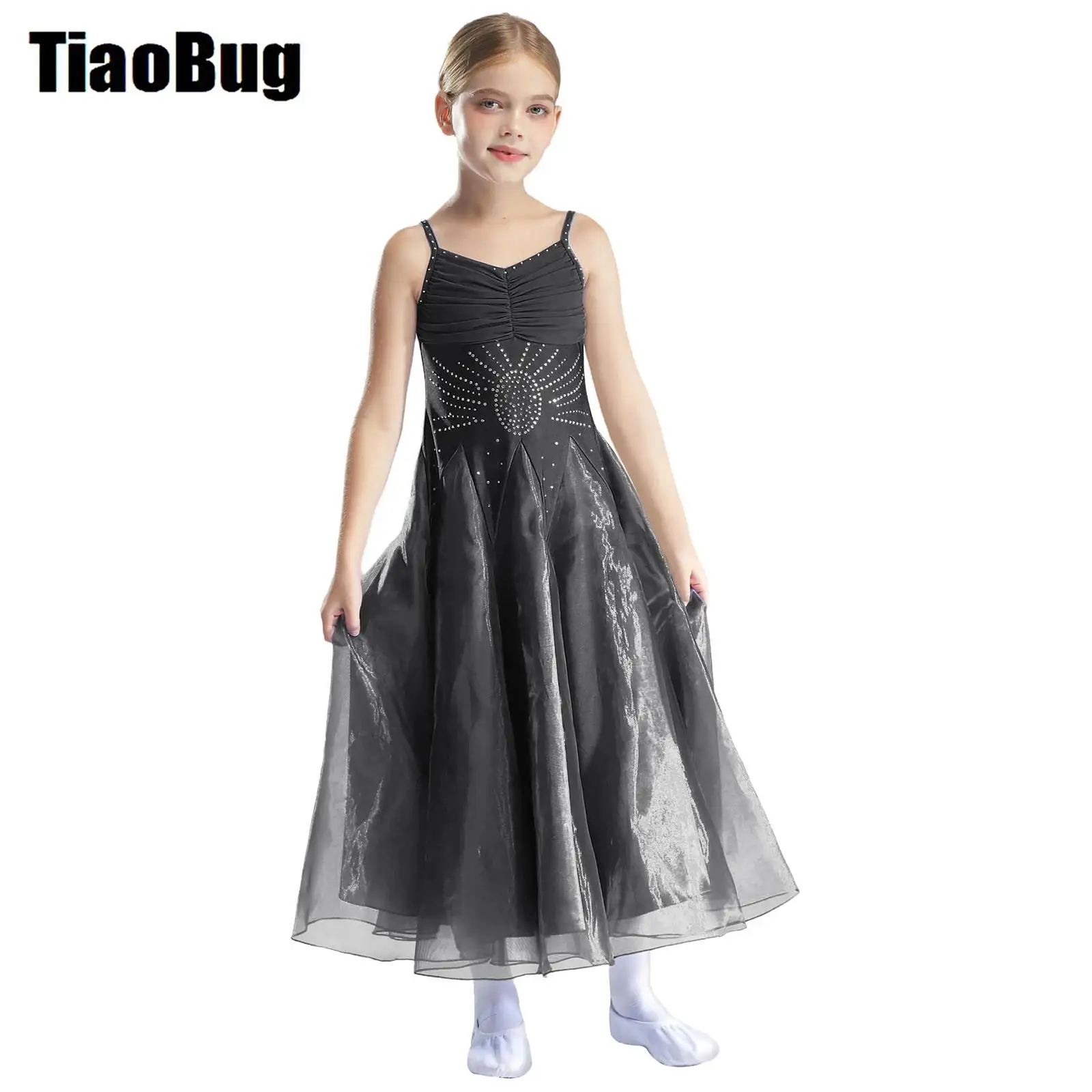 

Girls Ballroom Dress Performance Costume V Neck Spaghetti Straps Wide Hemline Glittery Rhinestones Flared Dance Dress